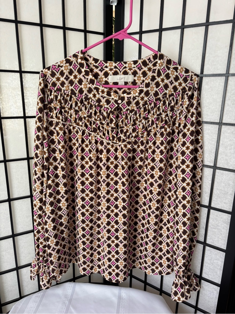 LOFT Brown Geometric Print Long-Sleeve Smocked Yoke Top with Pink Accents